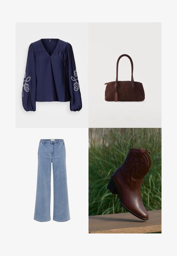 Marineblå bluse med V-hals, rynkede detaljer og lange puffede ærmer med hvid blomsterbroderi på manchetterne.; Breddejeans lavet af lyseblå denim. Har et klassisk fem-lommers design, bæltestropper og diskrete syninger. Raw hem finish ved anklerne.; Brun læder cowboystøvle med dekorative syninger, vinklet opad på en træflade med sløret grønt græs i baggrunden.; Mørkebrun ruskindshåndtaske med to lange håndtag og en lille fastgjort tag, sat mod en ensfarvet lys baggrund.