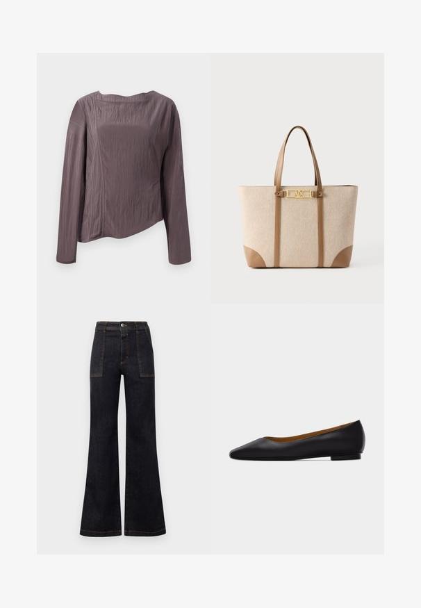 Langærmet top i struktureret mørkegrå stof med rund halsudskæring og diskret tonalt syning langs sømmene. Casual, boxy pasform.; Bredde mørk denim jeans med høj talje, der har orange syninger og to forlommer. Glat tekstur, ren finish, klassisk design.; Sort læder flad sko med spids tå, lav hæl og glat finish, vist fra siden på en lysegrå baggrund.; Beige mulepose med håndtag og kant i lysebrunt læder, guldbelagt rektangulær logo plade med bogstaverne "A|X" på frontens midte.