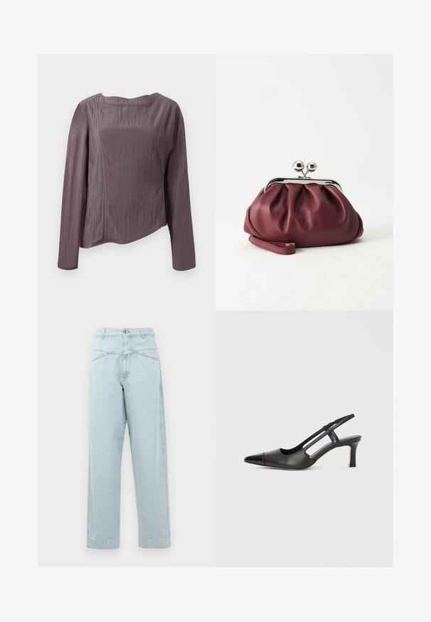 Langærmet top i struktureret mørkegrå stof med rund halsudskæring og diskret tonalt syning langs sømmene. Casual, boxy pasform.; Lysblå højtaljede jeans med lige ben-design, med diskret syning, to forlommer og metalknaplukning.; Sort læder slingback-sko med spids tå, der har en blank accent på tåhætten og en mellemhøj hæl. Åben sidesektion.; Lille bordeauxlæder clutch-pung med sølv metal lukning og håndledsrem på hvid baggrund.