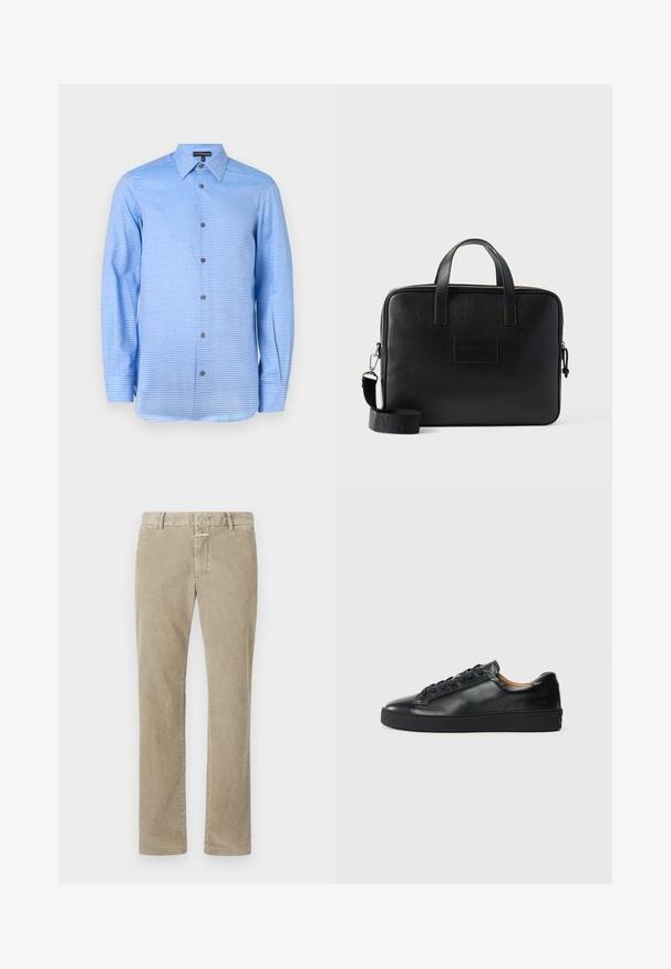 Chemise à manches longues bleu clair avec un motif à rayures horizontales, fermeture à boutons à l'avant et col classique. Présente des boutons foncés le long de la patte de boutonnage.; Pantalons en velours côtelé beige à jambe droite avec passants de ceinture et fermeture frontale dissimulée, présentés à plat sur un fond blanc.; Baskets en cuir noir avec une texture lisse, bout rond et fermeture à lacets. Comprend une semelle en caoutchouc épaisse et un minimum de détails de marque.; Sacoche d'ordinateur portable en cuir noir avec deux poignées supérieures, une bandoulière amovible, une surface texturée et une forme rectangulaire. Patch logo embossé visible.