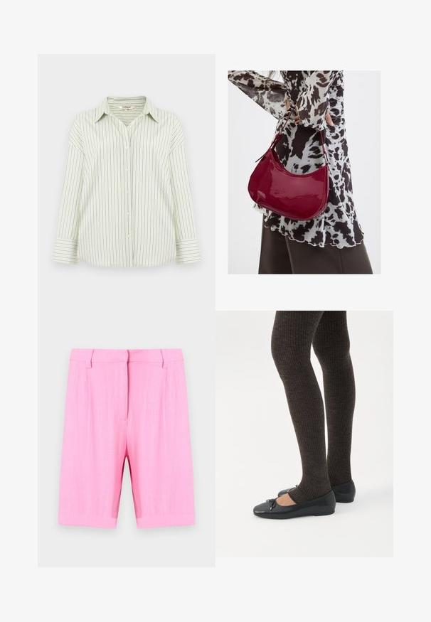 Chemise boutonnée vert clair avec fines rayures verticales bleu marine, manches longues et col pointu, étalée à plat sur un fond neutre.; Shorts roses longueur genou, cintrés, avec passants pour ceinture et fermeture avant dissimulée, présentés sur un fond clair uni.; Jambes portant des leggings côtelés foncés associés à des ballerines noires avec de petits détails en nœud sur fond blanc.; Femme portant un chemisier à motif noir et blanc tenant un sac à main rouge brillant sur un fond uni.