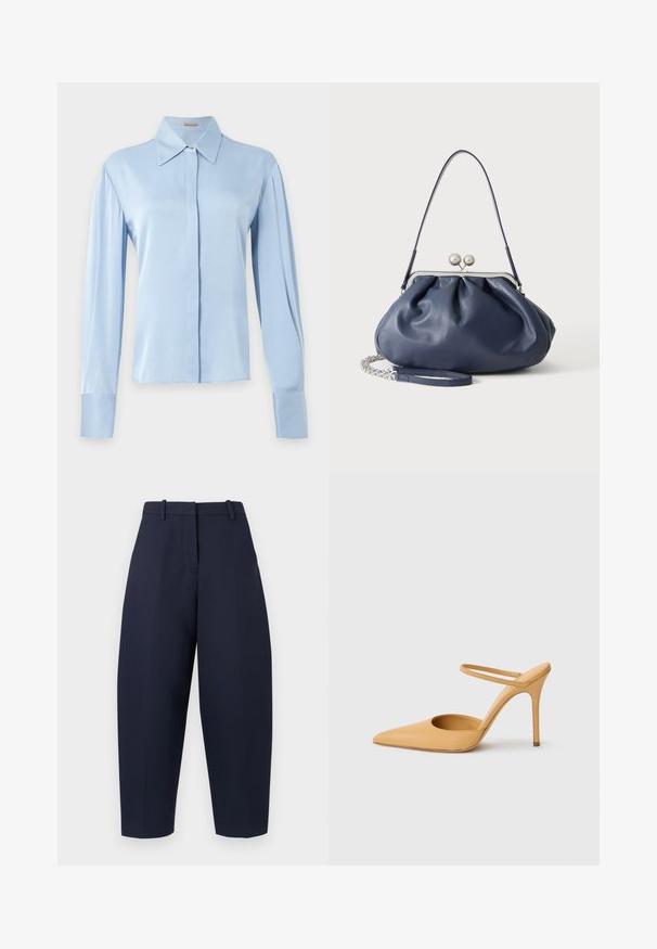 Blouse bleu clair à manches longues avec col pointu et boutons cachés à l'avant, présentée sur un fond uni gris clair.; Pantalon bleu marine à coupe ajustée, silhouette à jambe large, plis et passants pour ceinture. Confectionné dans un tissu lisse et texturé.; Chaussure à talon aiguille beige à bout pointu avec une fine bride de cheville sur fond blanc.; Sac à main en cuir bleu marine doux avec fermeture à boucle argentée, une seule bandoulière, et une chaîne de poignet amovible sur fond blanc.