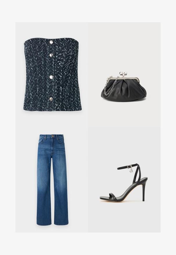 Sort og grå corsettop i tekstureret stof uden stropper med fire sølvfarvede trykknapper ned langs midten foran.; Mother THE LASSO SNEAK - Jeans Relaxed Fit - dark blue denim; Sort hæl-sandal med smal ankrem, firkantet tå-boks, glat lædermateriale og metalspænde som pynt.; Sort læder clutch med samlet tekstur, sølvfarvet metalramme, kys-lås lukning og kædestrop. Glat, blød overflade.