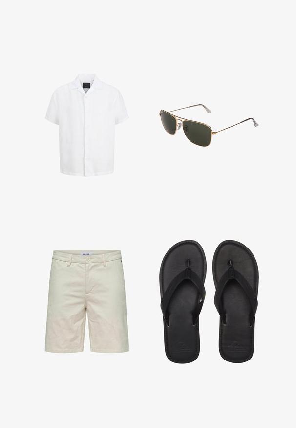 Wit overhemd met korte mouwen, knopen, open kraag en zwart label aan de binnenkant van de hals tegen een witte achtergrond.; Beige katoenen shorts met knoopsluiting, verstelbare riemlussen en zijzakken. Gladde textuur en rechte snit, geschikt voor casual draag.; Zwarte flip-flops gemaakt van glad materiaal, met een tanga-stijl band, een gestructureerde voetbed en een geperst logo op de zool.; Gouden metalen aviator zonnebril met grote donker groene lenzen, voorzien van een dunne rand en transparante neuspads voor comfort.