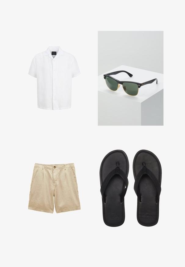 Wit overhemd met korte mouwen, knopen, open kraag en zwart label aan de binnenkant van de hals tegen een witte achtergrond.; Beige katoenen shorts met knoop aan de voorkant, ritssluiting, lussen voor een riem en zijzakken, ontworpen voor casual gebruik.; Zwarte flip-flops gemaakt van glad materiaal, met een tanga-stijl band, een gestructureerde voetbed en een geperst logo op de zool.; Ray-Ban zonnebrillen met groene lenzen, zwarte plastic monturen en gouden accenten aan de randen. Vierkante vorm met een matte afwerking.