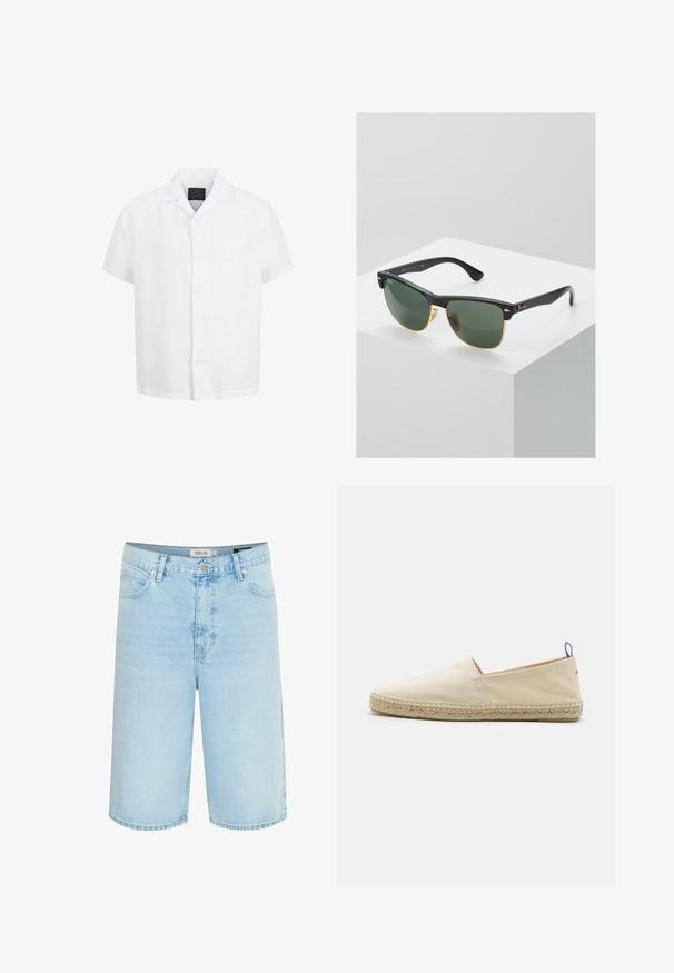Wit overhemd met korte mouwen, knopen, open kraag en zwart label aan de binnenkant van de hals tegen een witte achtergrond.; Lichtblauwe denim shorts met een ontspannen pasvorm, vijf-pocket ontwerp, enkele knoopsluiting en contrasterende stiksels langs de naden.; Beige canvas espadrille met een ronde neus, gevlochten jute zool en een kleine rode en blauwe accent op de hiel. Lichtgewicht zonder sluiting.; Ray-Ban zonnebrillen met groene lenzen, zwarte plastic monturen en gouden accenten aan de randen. Vierkante vorm met een matte afwerking.