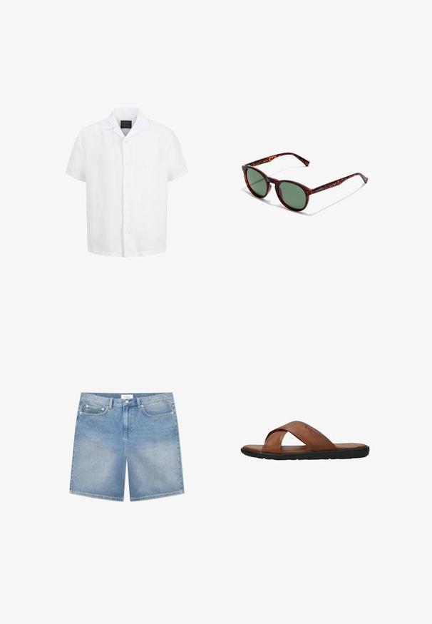Camisa blanca de manga corta con botones, cuello abierto y etiqueta negra en el interior del cuello sobre un fondo blanco.; Pantalones cortos de mezclilla azul claro con un corte recto, cinco bolsillos, un ligero desgastado y una etiqueta de marca en la cinturilla. Material de algodón con costuras clásicas.; Sandalia de cuero marrón con tiras cruzadas, suela plana negra y "bugatti" grabado en la tira superior, vista lateral sobre fondo blanco.; Gafas de sol de carey marrón con montura redondeada, lentes verdes y brazos de patilla con patrón. Presenta el logo de la marca en un brazo.