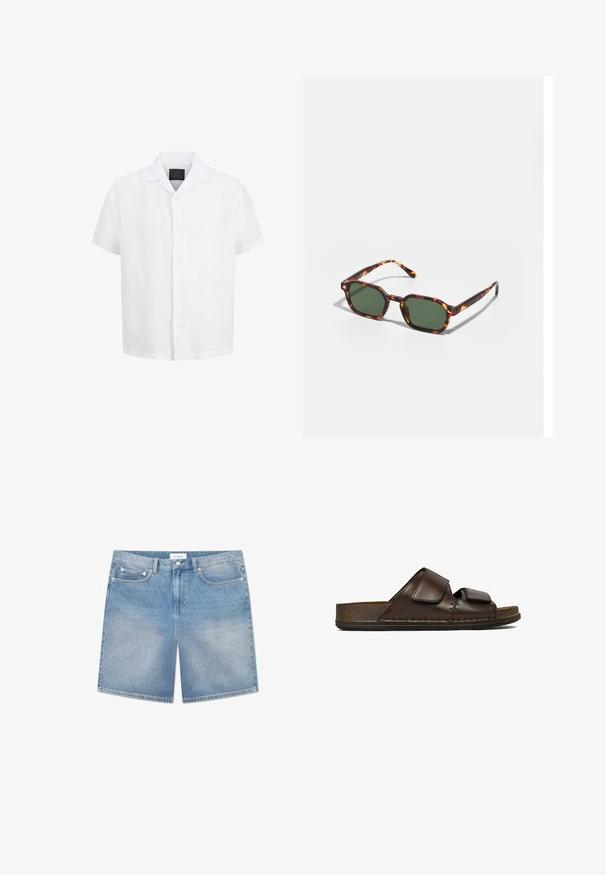 Hvid kortærmet skjorte med knapper, åben krave og sort mærkat inde i nakken mod en hvid baggrund.; Lysblå denimshorts med lige snit, fem lommer, let slidtage og en mærkebetegnelse på waistbandet. Bomuldsstof med klassisk syning.; Mørkebrune lædersandaler med to justerbare velcro-remme og en tyk, tekstureret sål.; Skildpaddefarvede solbriller med grønne linser, der har en oktagonal form og slanke, buede arme. Materialet har en blank finish.