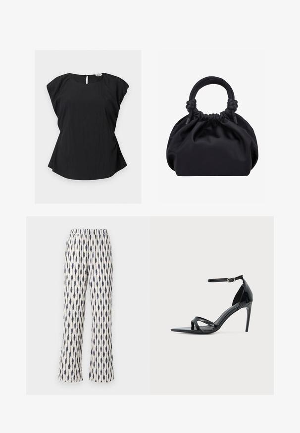 Blouse noire à manches courtes avec encolure ronde, petite ouverture en forme de goutte dans le dos, et ourlet légèrement évasé, présentée sur fond blanc.; Un pantalon large en tissu crème, présentant un motif répétitif de gouttes d'eau bleu marine. La taille élastique et la texture douce accentuent le confort.; Sandale à talon haut en cuir verni noir avec fine bride à la cheville, bout ouvert et design minimaliste sur fond clair uni.; Sac à main en tissu noir doux avec haut froncé et poignées circulaires rembourrées nouées de chaque côté.
