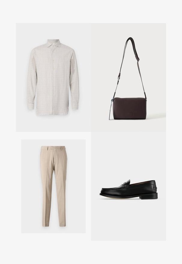 Camisa de manga larga en beige claro con un patrón a cuadros. Presenta un cuello abierto y cierres de botones, con botones en tono dorado y un corte relajado.; Pantalones tapered beige confeccionados en tejido ligero, con pliegues frontales, dos bolsillos laterales y una textura suave.; Mocasín masculino de cuero negro con tacón bajo y costura estilo mocasín en la puntera, mostrado de lado sobre un fondo liso.; Bolso bandolera de cuero marrón oscuro con textura, correa ajustable y pequeño adorno decorativo azul en el lateral.