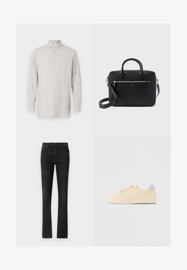 Langærmet skjorte i lys beige med mønster i tern. Har en spredt krave og knaplukninger, med knapper i guldfarve og en afslappet pasform.; Sorte denim jeans med lige ben, der har frontlommer og en knaplukning. Glat tekstur med subtil fading.; Beige lavtop sneaker med snørelukning foran, lyserød sål og grå hællap med mærket "Filling Pieces", vist i profil på ensfarvet baggrund.; Sort struktureret rektangulær lædermappe med dobbelthåndtag, lynlåslomme foran og justerbar skulderrem vist på hvid baggrund.