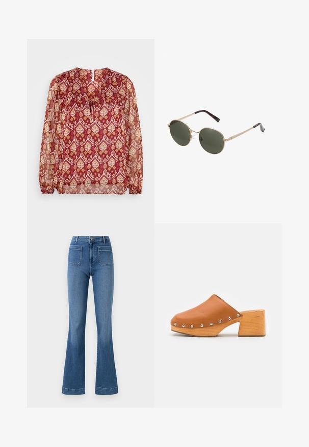 Durchsichtige Bluse mit langen Ärmeln in Burgundy mit einem geometrischen Muster in Creme und Gold. Sie hat einen gerafften Halsausschnitt und elastische Manschetten.; Ausgestellte blaue Jeans aus Denim mit normaler Bundhöhe, ausgestattet mit zwei Gesäßtaschen und einer sauberen Saumlinie. Glatte Textur und klassisches Design.; ASRA JUDE - Clogs - spice tan; Runde Sonnenbrillen mit goldfarbenen Metallrahmen und dunkelgrünen Gläsern. Die Bügel haben ein Schildpatt-Muster für zusätzliche Details.