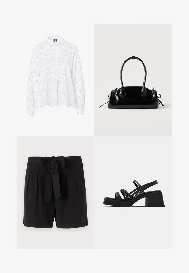 Hvid bluse med lange ærmer, øjeletbroderi, bølget kant forneden og ved manchetterne, knaplukning foran og klassisk krave.; Sorte bomuldsshorts med bindebælte i taljen, plisséer foran og sidelommer. Glat tekstur og afslappet design.; Sorte hælede sandaler med flere tynde stropper og en bred blokhæl. Slank design med en mat overflade. Sålens fodbed har en let kurve.; Lille sort blank håndtaske med to lange håndtag og snøre-detaljer i siden på en ensfarvet lys baggrund.