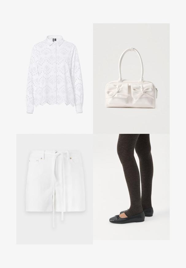 Witte blouse met lange mouwen, oogjesborduursel, geschulpte zoom en manchetten, knoopsluiting aan de voorkant en een klassieke kraag.; Witte denim shorts met een elastische tailleband, voorzien van twee zijzakken en een gladde textuur. Het ontwerp is eenvoudig en klassiek zonder patronen.; Benen met donkere geribbelde leggings gecombineerd met zwarte ballerina's met kleine strikdetails op een witte achtergrond.; Witte synthetische handtas met twee voorzakken, elk voorzien van een gebonden strikdetail. Soepele textuur, afgeronde handgrepen en een ritssluiting.