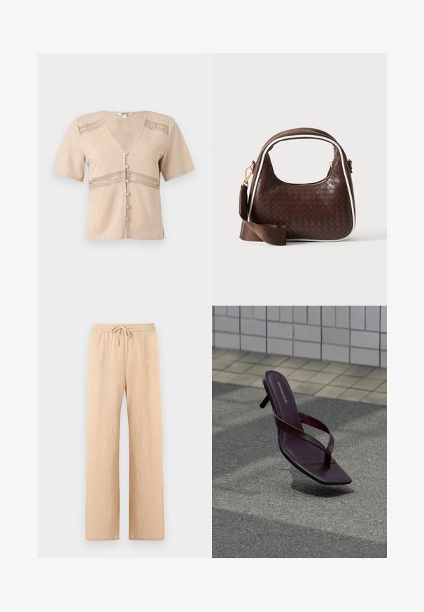 Blouse courte beige à manches courtes avec décolleté en V, inserts en dentelle sur la poitrine et la taille, et boutons recouverts de tissu sur le devant.; Pantalon beige à jambes larges avec tissu texturé, taille élastique et cordon de serrage à l'avant.; Sandale à talon brun foncé avec bout carré et fines brides flottant au-dessus d’un pavement texturé près d’un mur carrelé.; Sac à main en cuir tressé marron avec passepoil blanc, fermeture éclair dorée et bandoulière amovible en tissu marron.
