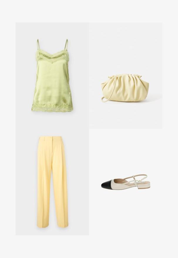 Camisole en satin vert clair avec bordure en dentelle le long de l'encolure, de l'ourlet et des côtés, dotée de fines bretelles réglables.; Pantalon taille haute jaune clair avec fermeture par bouton et zip, coupe droite jambes larges et devant plat.; Chaussures plates à bride arrière bicolores en cuir beige et noir. Dotées d'un bout pointu et d'une fine sangle avec une boucle. Petit talon carré.; Sac à main plissé jaune en simili cuir lisse, arborant une forme douce avec une bandoulière unique et un design froncé sur le dessus.