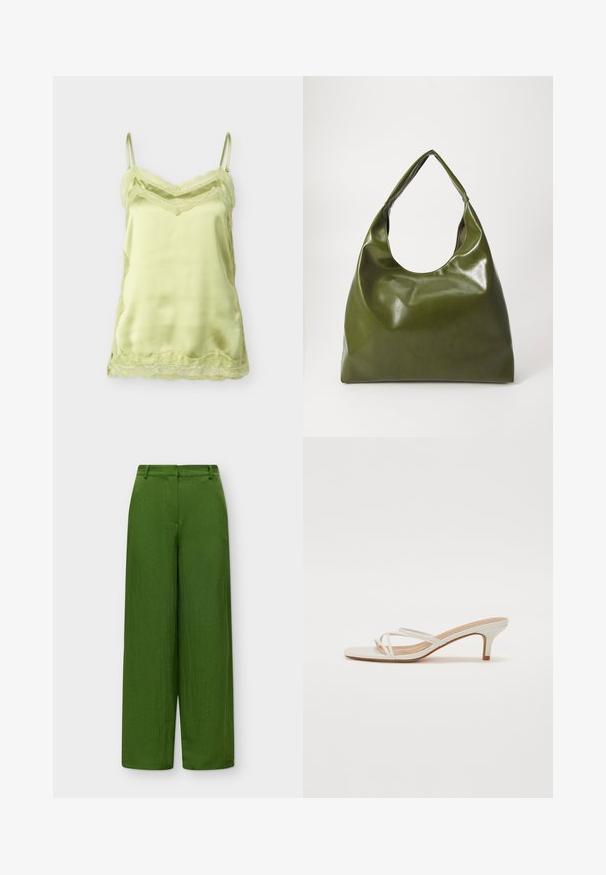 Camisole en satin vert clair avec bordure en dentelle le long de l'encolure, de l'ourlet et des côtés, dotée de fines bretelles réglables.; Pantalon taille haute à jambes larges en vert olive uni avec passants de ceinture et fermeture avant lisse.; Des sandales à talon bloc blanches présentent des fines sangles et un design à bout carré. Le talon est d'une hauteur moyenne, avec une finition lisse.; Sac hobo en cuir vert au design décontracté, avec une poignée incurvée et une texture lisse. Ne contient aucun matériel ou accent visible.