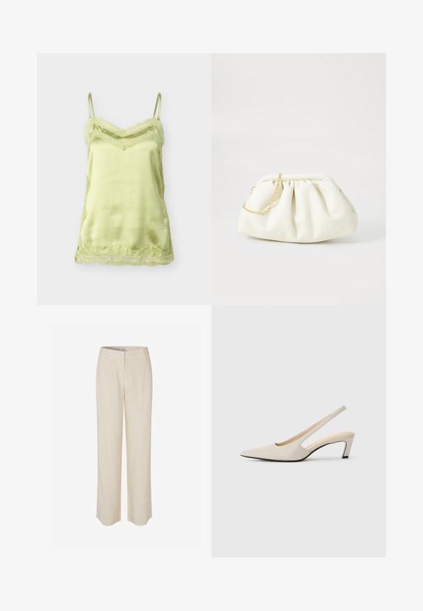 Camisola de satén verde claro con ribete de encaje a lo largo del escote, el dobladillo y los laterales, con tirantes delgados ajustables.; Pantalones de lino beige con diseño de pierna recta, que presentan una textura suave y un ligero brillo. Incluyen cinturilla y bolsillos frontales discretos.; Tacones slingback beige con punta estrecha, laterales abiertos y un pequeño tacón cuadrado. Textura de cuero suave y diseño minimalista.; Bolso de mano de cuero blanco con un diseño recogido, cuenta con una cadena dorada y forma redondeada. Textura suave con pliegues suaves y sin patrones.