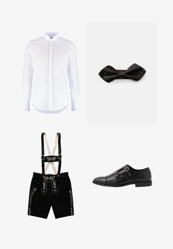 Chemise blanche à manches longues avec patte de boutonnage cachée et col classique, présentée sur un fond uni.; Lederhosen en suede noire avec des motifs floraux brodés, des bretelles réglables, des boutons en argent et des poches latérales. Accents en fil argenté.; Chaussure monk strap en cuir noir avec deux boucles en argent, design à bout capteur, bout rond et semelle en caoutchouc de profil bas. Texture lisse, silhouette élégante.; Nœud papillon en satin noir avec une texture lisse et un nœud central, présentant de grandes extrémités arrondies qui s'effilent au centre.