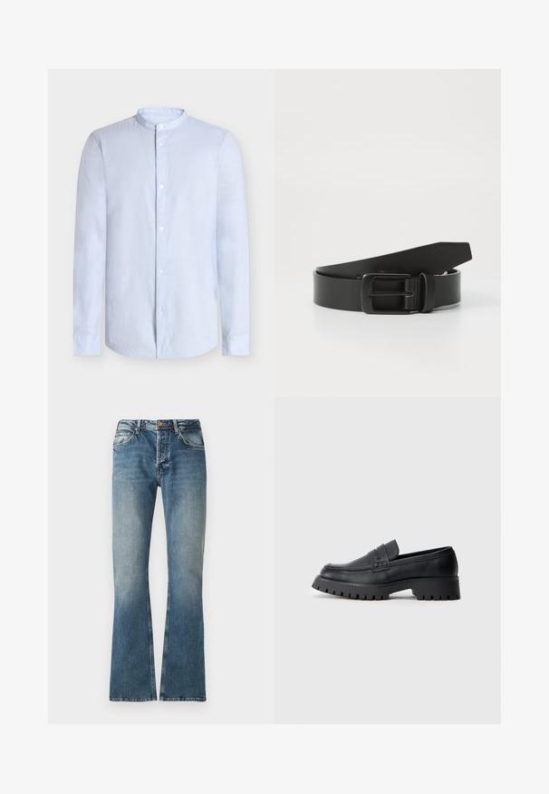 Lichtblauw overhemd met knopen en een bandkraag, lange mouwen en een textuurrijke stof. Heeft een rechte zoom en een subtiele glans.; Blauwe denim jeans met een vervaagd effect, rechte pijpuitvoering, knoop- en ritssluiting, en vijf-pocket ontwerp.; Zwarte leren instappers met een ronde neus, voorzien van een decoratieve riem en een stevige rubberen zool met diepe groeven voor grip.; Zwarte leren riem met een matte zwarte metalen gesp, met een gladde textuur en eenvoudig ontwerp. Verstelbare lengte met een taps toelopend uiteinde.