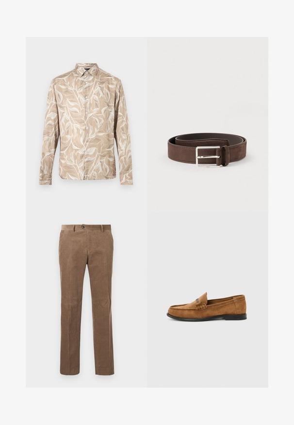 Beige overhemd met lange mouwen en knopen, voorzien van een wit bladwijzenpatroon en een puntige kraag.; Bruine corduroy broek met verticale ribbelstructuur, recht model, enkele knoopsluiting en twee voorzakken.; Bruine suède herenloafer met gevlochten detail op de wreef en zwarte zool, zijaanzicht op een effen lichtgrijze achtergrond.; Bruine suède riem met een gladde textuur, zilverkleurige metalen gesp en een eenvoudig ontwerp. Heeft een leren binnenkant en stikseldetails.