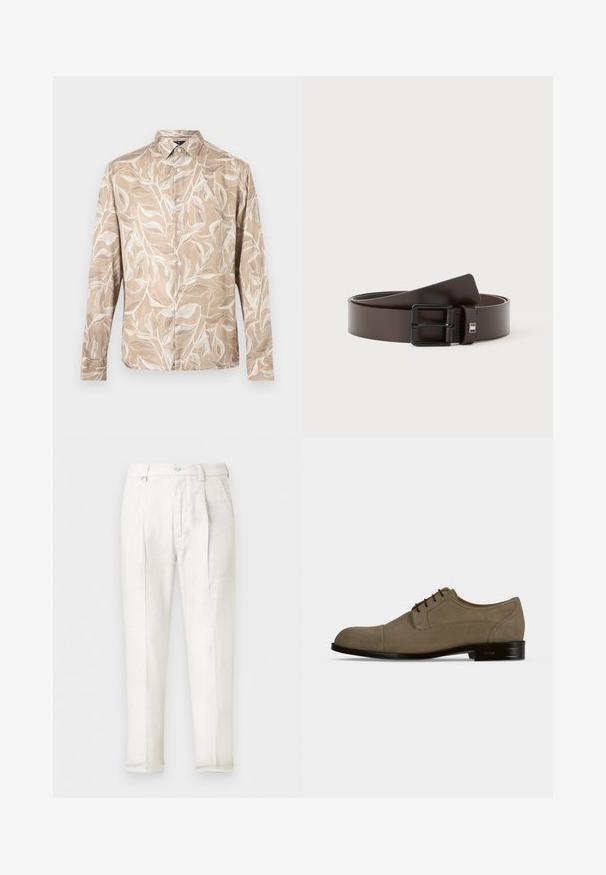 Chemise beige à manches longues avec boutons sur le devant, motif de vigne feuillue blanche et col pointu.; Pantalon blanc sur mesure avec plis à l'avant, poches latérales, passants de ceinture et fermeture par bouton.; Chaussure habillée pour homme en daim marron avec semelle et lacets noirs, vue de profil sur un fond clair uni.; Ceinture en cuir marron foncé avec une boucle métallique rectangulaire noire, enroulée sur un fond blanc.