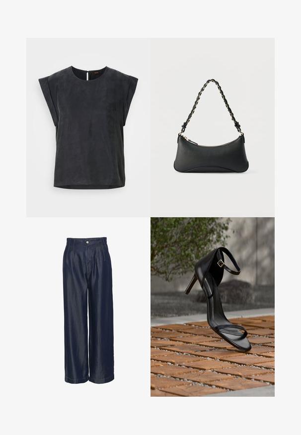 Sort kortærmet top med rund halsudskæring og minimalistisk design. Glat tekstur med en subtil glans, der har en nøglehulslukning i ryggen.; Marineblå denim bukser med vid ben, høj talje, forsynede med frontfolder og guldstof-detaljer, glat tekstur og knaplukning.; Sort højhælet sandal med ankelsnor, der ser ud til at svæve over et trægulv udendørs med sløret grønt og sten i baggrunden.; Sort skuldertaske i læder med en buet rektangulær form, gyldent kæde vævet ind i en flettet sort rem og toplynlås.