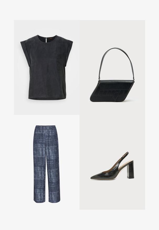 Haut noir à manches courtes avec un col rond et un design minimaliste. Texture lisse avec un léger éclat, présentant une fermeture en forme de clé au dos.; Gestuz DEMIA PANTS - Pantalon classique - dark blue; Chaussure slingback en cuir noir à bout pointu avec un talon bloc haut et une doublure intérieure beige sur un fond clair uni.; Sac d'épaule en cuir noir de forme triangulaire, avec un logo embossé et une seule bandoulière réglable. Design minimaliste avec une texture lisse.