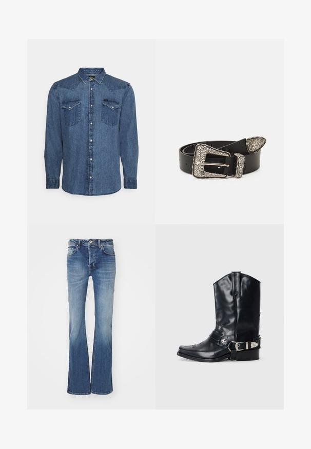 Blauw denim overhemd met lange mouwen, twee borstzakken en drukknopen, getoond op een effen lichte achtergrond.; Verstekte blauwe denim jeans met een gemiddelde wassing, vijf zakken en een knoopsluiting. Bevat een vervaagd textuur en lichte slijtplekken.; Zwarte leren cowboylaars met een spitse neus, hoge schacht, decoratieve stiksels en zilveren gespsluiting op de band. Gestructureerde afwerking.; Zwarte leren riem met een ornate zilveren gesp, voorzien van ingewikkelde gravures en een decoratieve punt, die de textuur en ambacht benadrukt.
