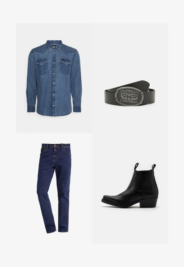 Blå denimskjorte med lange ærmer, to brystlommer og trykknapper, vist på en enkel, lys baggrund.; Mørkeblå straight-leg denimbukser med frontlommer, knaplukning, bæltestropper og synlig syning.; Kentucky's Western Cowboy- / bikerstøvlette - black; Sort læderbælte med en sølvfarvet oval spænde dekoreret med præget grafik og tekst, herunder et hestemotiv og mærkenavn.