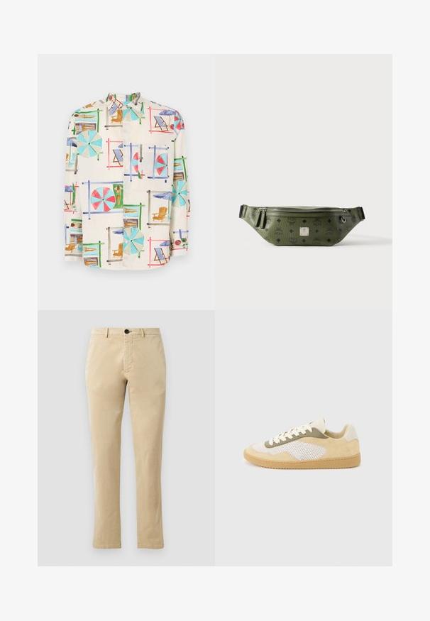 Korte ærmer knap-up skjorte i let stof, med et farverigt strandscene-print med parasoller, stole og solbadere.; Beige bomulds chinos med lige ben, der har en front knaplukning og diskrete syninger. Glat tekstur og uden mønstre.; Lav-top sneaker med beige ruskind, hvide meshpaneler, olivengrønne detaljer, hvide snørebånd og gummisål i karamelfarve på en lysegrå baggrund.; Olivengrøn tekstureret læder talletaske med sorte logoer, sølv lynlås, dobbelt lynlåstræk og central sølv brandplade.