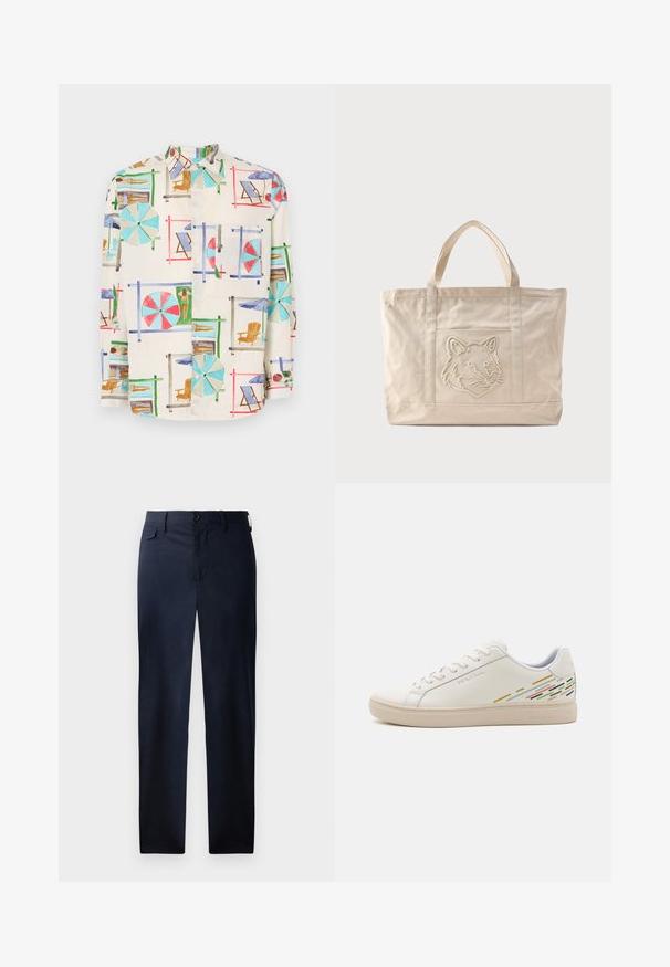 Chemise à manches courtes avec boutons en tissu léger, ornée d'un imprimé coloré représentant une scène de plage avec des parapluies, des chaises et des baigneurs.; Pantalons droits bleu marine en tissu lisse. Équipés d'une braguette zippée, d'une fermeture à bouton et d'une poche latérale discrète. Aucun motif visible.; Baskets en cuir blanc avec une texture lisse, présentant des motifs de lignes colorées au niveau du talon et une semelle en caoutchouc beige.; Sac fourre-tout en toile beige avec doubles anses et un motif en relief de tête de loup sur la poche avant.