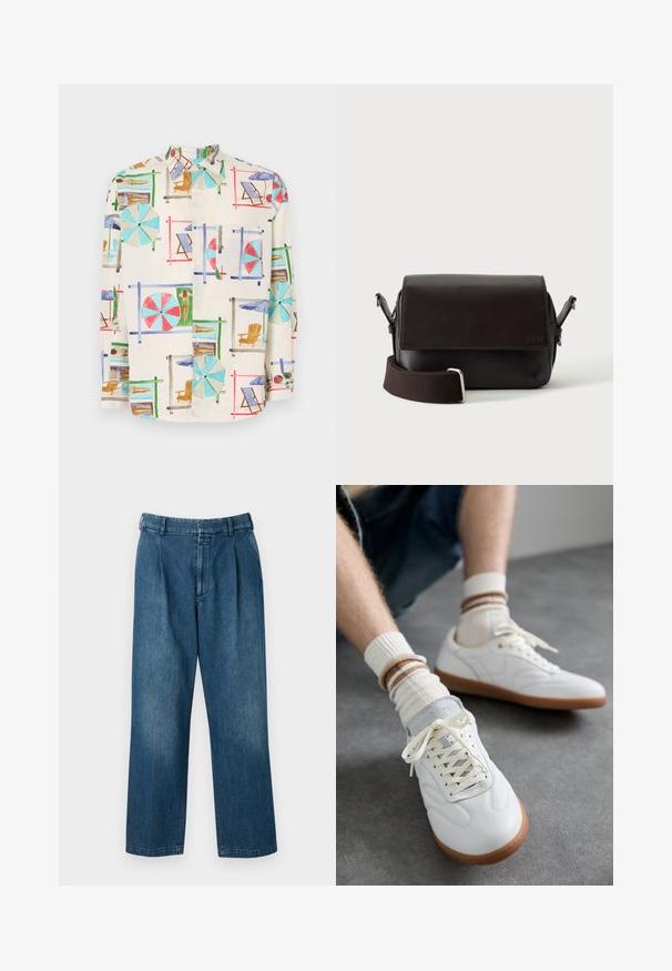 Kurzärmliges Hemd aus leichtem Stoff mit einem bunten Druck einer Strandszene, der Sonnenliegen, Sonnenschirme und Sonnenanbeter zeigt.; Blaue Jeanshose mit geradem Bein, hoher Taille, vorderen Falten und klassischem Knopfverschluss. Glatte Textur.; Weiße Ledersneaker mit glatter Textur, grauen Wildlederelementen, beigen Gummisohlen und flachen Schnürsenkeln. Kombiniert mit cremefarbenen und braun gestreiften Socken.; Dunkelbraune Leder-Umhängetasche mit Klappenverschluss und verstellbarem Stoffriemen auf weißem Hintergrund.