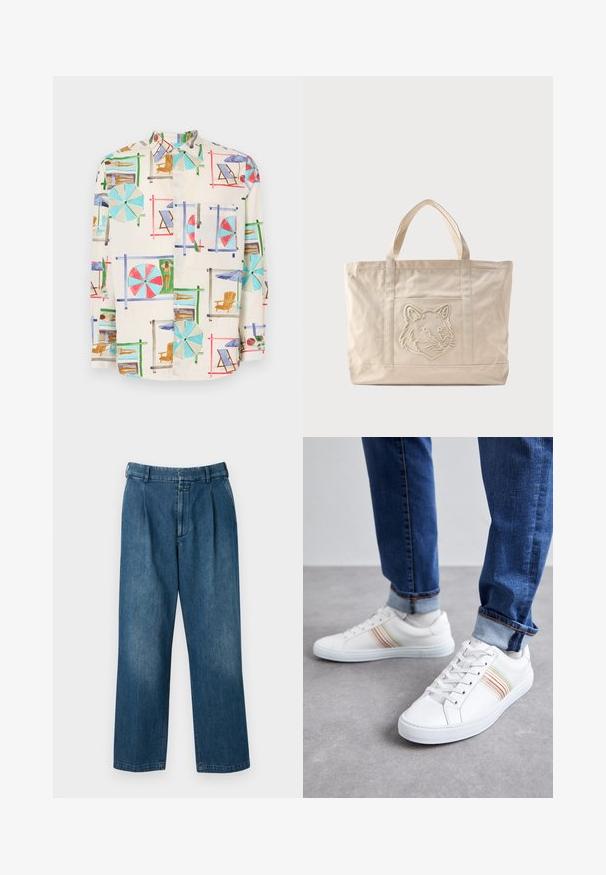 Chemise à manches courtes avec boutons en tissu léger, ornée d'un imprimé coloré représentant une scène de plage avec des parapluies, des chaises et des baigneurs.; Pantalons en denim bleu avec un design à jambes droites, dotés d'une taille haute, de plis à l'avant et d'une fermeture à bouton classique. Texture lisse.; Baskets en cuir blanc avec des rayures multicolores, design à lacets, semelle en caoutchouc et col rembourré, associées à un jean en denim bleu.; Sac fourre-tout en toile beige avec doubles anses et un motif en relief de tête de loup sur la poche avant.