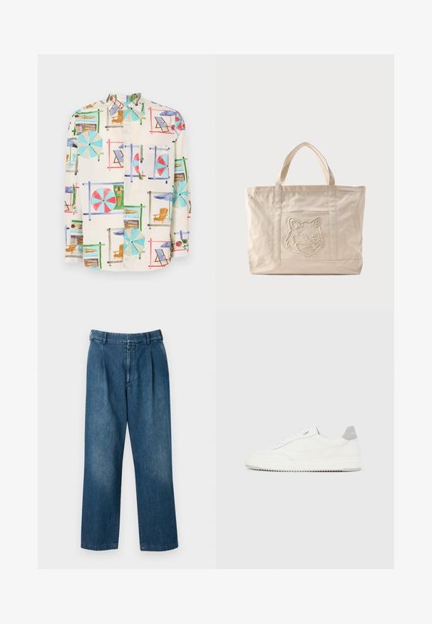 Chemise à manches courtes avec boutons en tissu léger, ornée d'un imprimé coloré représentant une scène de plage avec des parapluies, des chaises et des baigneurs.; Pantalons en denim bleu avec un design à jambes droites, dotés d'une taille haute, de plis à l'avant et d'une fermeture à bouton classique. Texture lisse.; Baskets basses blanches avec un onglet de talon gris, des lacets blancs et une semelle texturée, présentées sur un fond uni clair.; Sac fourre-tout en toile beige avec doubles anses et un motif en relief de tête de loup sur la poche avant.