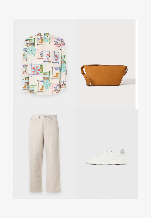 Chemise à manches courtes avec boutons en tissu léger, ornée d'un imprimé coloré représentant une scène de plage avec des parapluies, des chaises et des baigneurs.; Jean beige à jambes droites avec cinq poches, passants pour ceinture, fermeture avant par bouton et zip.; Baskets basses blanches avec un onglet de talon gris, des lacets blancs et une semelle texturée, présentées sur un fond uni clair.; Sac bandoulière en cuir marron clair avec sangle réglable et fermeture éclair, présenté sur un fond clair uni.
