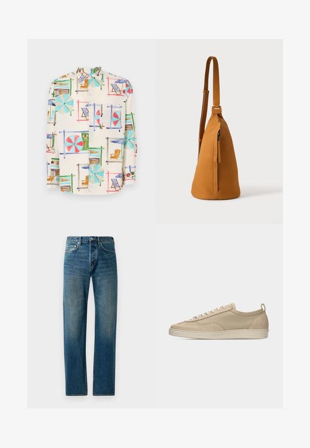 Korte mouwen overhemd met knopen in lichtgewicht stof, met een kleurrijke print van een strandscène met parasols, stoelen en zonaanbidders.; Blauwe denim jeans met een recht gesneden ontwerp, voorzien van een vijf-pocketstijl, subtiele vervaging en contrasterende stikselaccenten.; Beige lage sneaker met bovenwerk van stof en suède, witte veters, rubberen zool en een lus aan de hiel, afgebeeld in zijaanzicht op een witte achtergrond.; Lichtbruine leren schoudertas met verstelbare band en verticale ritszak, zijaanzicht tegen een effen lichte achtergrond.
