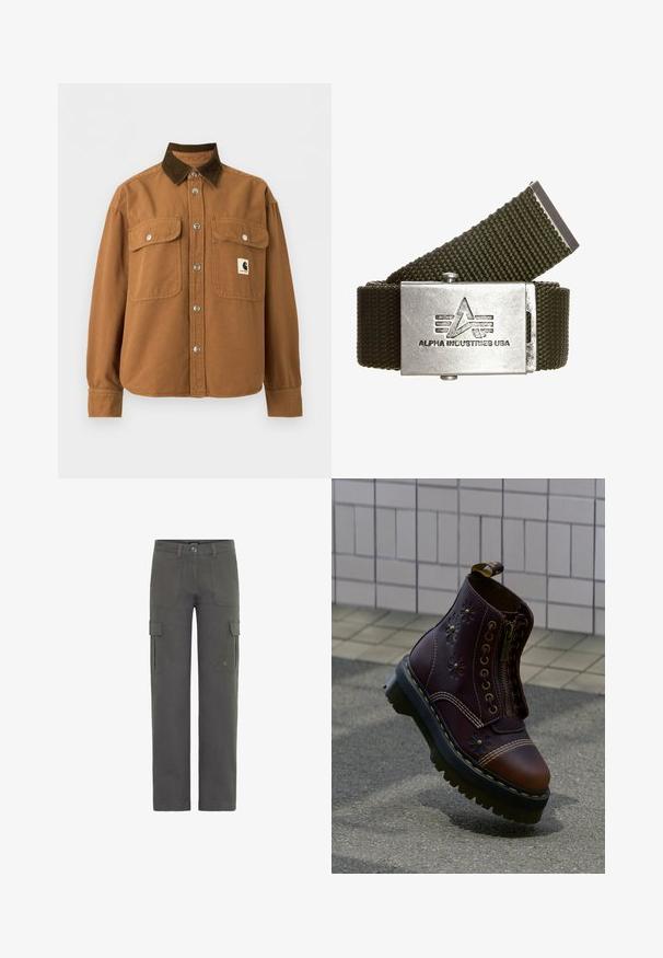 Bruine jas met knopen, met een donkerbruine ribfluwelen kraag, twee klepzakken aan de voorkant met zilverkleurige drukknopen en een klein rechthoekig logoplaatje op de borst.; Cargo broek in donkergrijs katoen met een rechte snit. Bevat twee zijzakken en een knoopsluiting. Duurzame stof met een lichte textuur.; Donkere bruine leren laars met bloemenreliëf, ritssluiting aan de voorkant, dikke zwarte zool met gele stiksels, zwevend boven een gestructureerd trottoir bij een betegelde muur.; Olijfgroene geweven nylon riem met een zilveren metalen gesp. De gesp heeft een reliëflogo en drie horizontale lijnen, wat een robuust ontwerp biedt.