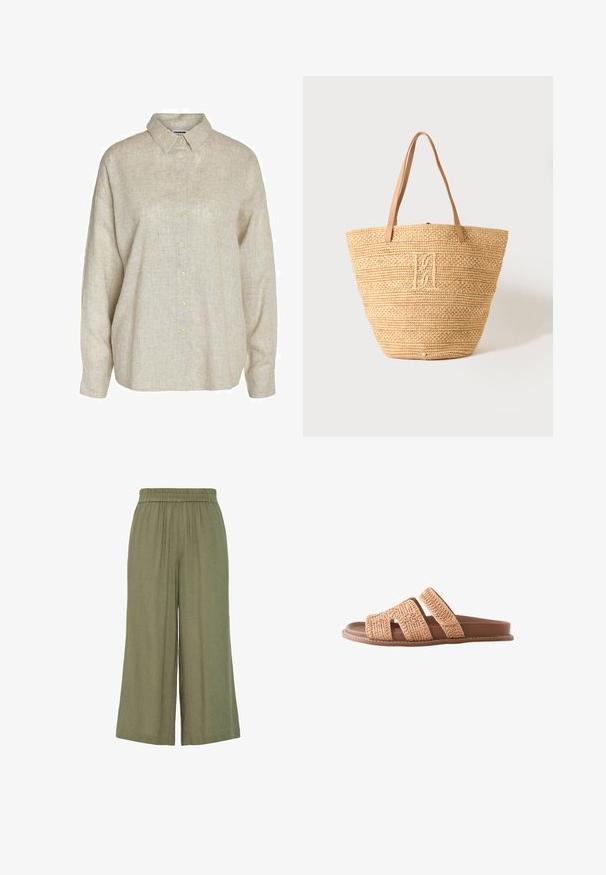 Noisy May Loose Fit - Nööpidega pluus - natural; Roheline lai jalgpüksid, mis on valmistatud kergest kangast, elastse vöökohtade ja volditud disainiga, sobivad igapäevaseks kandmiseks.; Tasapinnaline pruun libisev sandaal kahe laia punutud rihmaga ja pehmendatud tallaga, külgvaates valgel taustal.; Beežist punutud õlgedest käekott kahe pruunika nahkkäepidemega ja peene tikitud monogrammiga ees keskel.