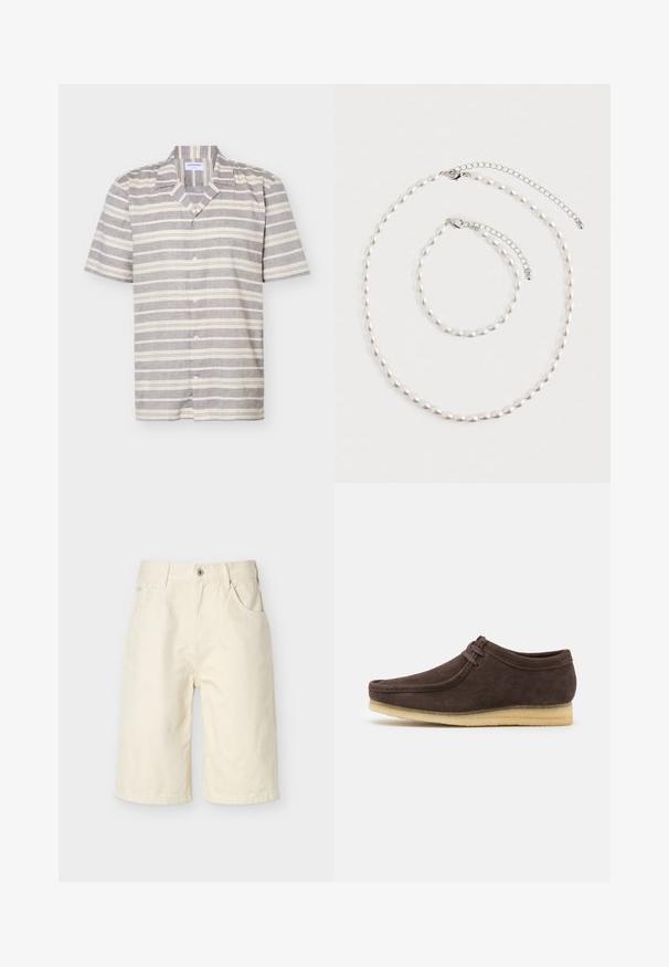 Kortærmet skjorte med knapper og horisontale grå og hvide striber samt en indskåret krave, vist på en hvid baggrund.; Off-white knælange shorts med knap- og lynlåslukning, bæltestropper og forlommer på en ensfarvet lys baggrund.; Brune ruskindsko med en glat overflade, rund tå og minimalistisk design. Har en lysgummisål og kontrastfarvet snøredetalje.; Perle halskæde og matchende armbånd med sølv kæde låse arrangeret på en hvid baggrund.