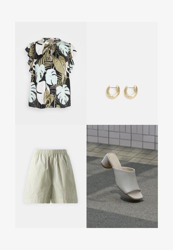 Mos Mosh TEA ARUM BLOUSE - Bluse - black; Hellgrüne Baumwollshorts mit vertikalen weißen Streifen, einem elastischen Bund und einem lockeren, bequemen Schnitt. Weiche Textur.; Ein weißer offener Mule mit Blockabsatz auf gepflastertem Boden nahe einer gefliesten Wand, schräg gestellt, um Seiten- und Draufsicht zu zeigen.; Goldfarbene Creolen mit einer glatten, polierten Oberfläche. Sie haben eine halbkreisförmige Form und einen sicheren Stiftverschluss.