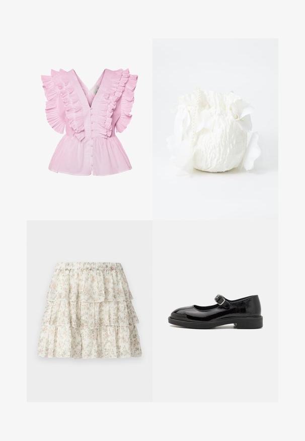 Helles pinkes Blusenshirt mit Rüschensleeves und V-Ausschnitt. Es hat eine Knopfleiste und ein tailliertes Oberteil, das in einen Peplum-Stil ausläuft.; Weiße Rock mit einem geschichteten, rüschenden Design. Besitzt ein zartes Blumenmuster in Pink und Grün. Elastischer Bund für Komfort.; Schwarzer Lackleder-Mary-Jane-Schuh mit runder Zehenform, verstellbarem Schnallenriemen, niedrigem Blockabsatz und glatter, glänzender Oberfläche.; Weißer Stoffbeutel mit strukturierter Oberfläche, ausgestattet mit einem Kordelzug, dekorativen weißen Blütenblättern und einem mit Perlen verzierten Tragegurt.