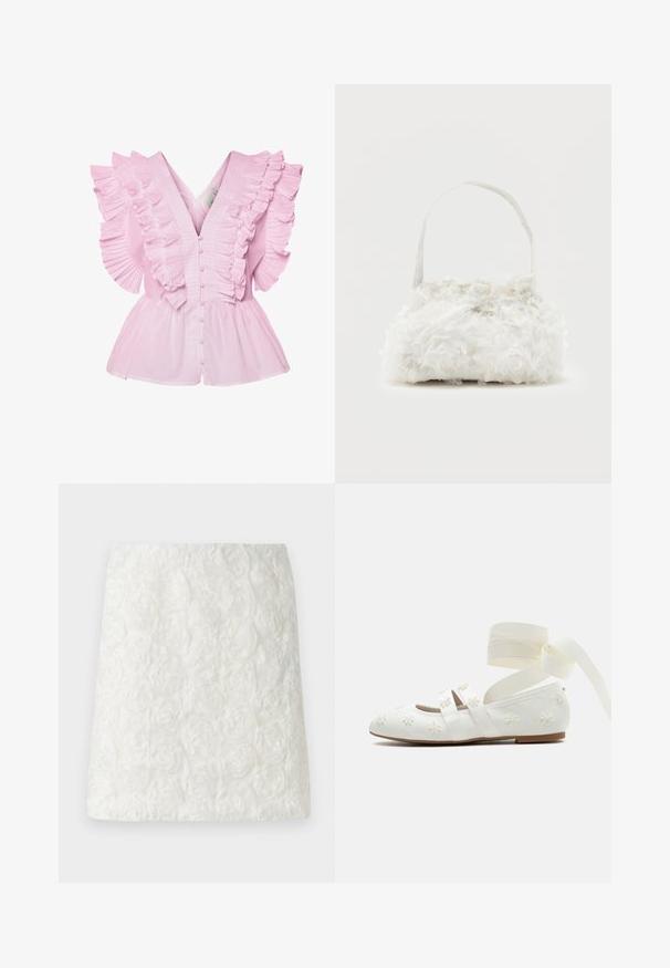 Blouse rose clair avec des manches volantes et un décolleté en V. Elle possède une fermeture à boutons à l'avant et un buste ajusté qui s'évase en style peplum.; Jupe mini blanche avec une surface texturée ornée de motifs floraux en relief ressemblant à des roses, fabriquée en tissu léger.; Ballerine blanche avec broderies de fleurs, double brides sur le pied, et longs liens de ruban autour de la cheville sur un fond uni.; Petit sac à main blanc orné de roses en tissu recouvrant le corps et d'une fine anse unique, sur un fond uni.