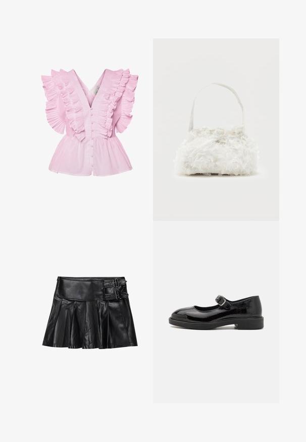 Lyserød bluse med flæsekantede ærmer og V-udskæring. Den har knaplukning foran og en tætsiddende bodice, der udvides til en peplum-stil.; Sort læderskirt med pliser, bred talje og to spænde-accenter på siden. Glat tekstur med en blank finish.; Sorte patentlæder Mary Jane-sko med rund tå, justerbar spænde, lav blokhælhæl og glat, blank finish.; Lille hvid håndtaske med stofroser, der dækker kroppen, og et tyndt enkelt skulderremshåndtag på en ensfarvet baggrund.