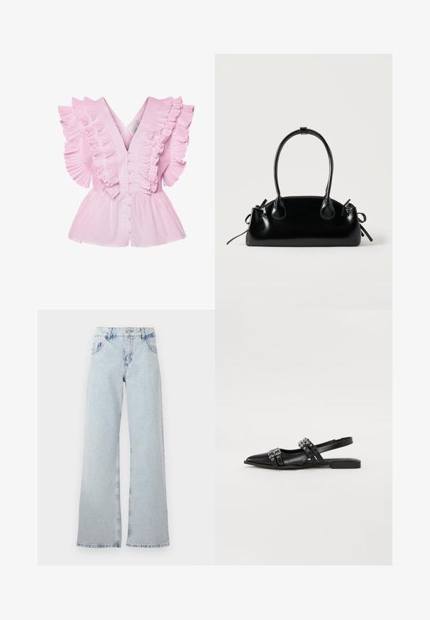 Lyserød bluse med flæsekantede ærmer og V-udskæring. Den har knaplukning foran og en tætsiddende bodice, der udvides til en peplum-stil.; Lyseblå bred ben jeans lavet af denim, med høj talje, bælteholdere, fem lommer og slidte områder for et vintage udseende.; Even&Odd by Zalando Slingback-ballerinasko - black; Lille sort blank håndtaske med to lange håndtag og snøre-detaljer i siden på en ensfarvet lys baggrund.