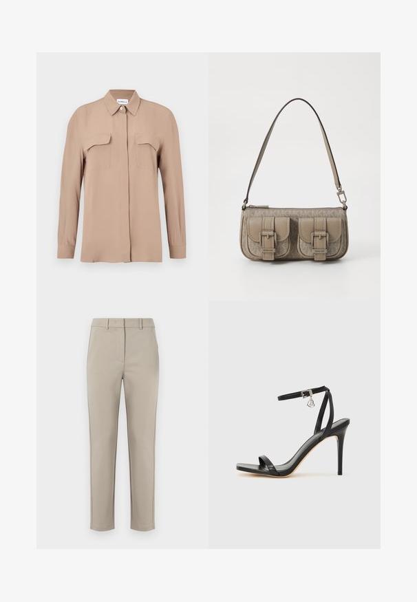 Camisa beige de manga larga con botones en una tela ligera. Presenta dos bolsillos en el pecho y un cuello clásico, con corte recto y diseño minimalista.; MM by MaxMara EFFETTO - Pantalones - sand; Sandalia de tacón alto negra con una estrecha correa en el tobillo, punta cuadrada, material de cuero liso y detalle de hebilla metálica.; Bolso beige con acentos de doble hebilla, superficie texturizada, cierre de cremallera y una correa ajustable única. Presenta un detalle del logo en la parte frontal.