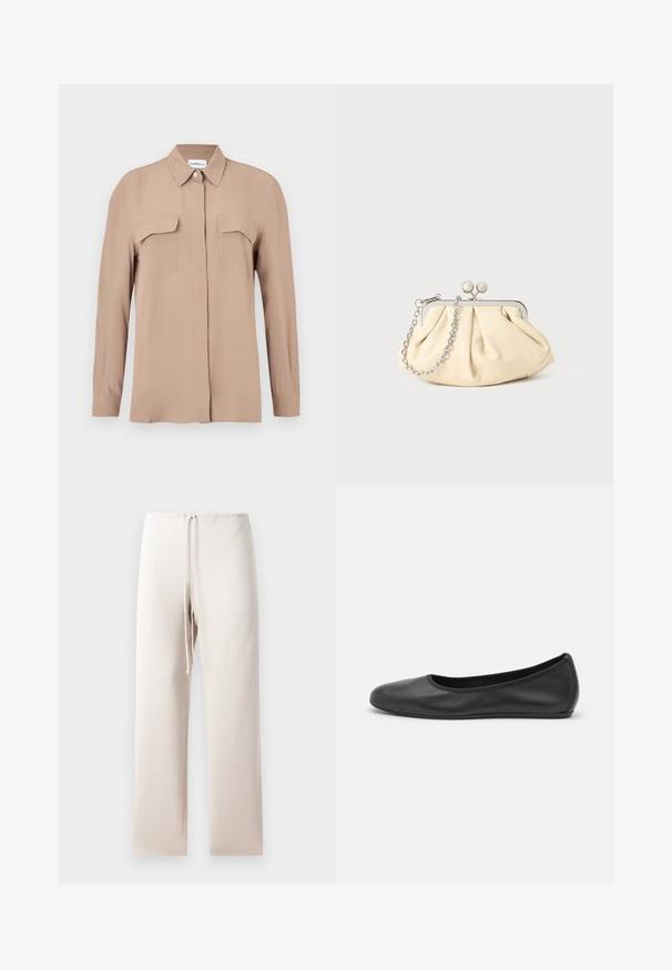 Chemise beige à manches longues avec boutons, en tissu léger. Dispose de deux poches poitrine et d'un col classique, avec une coupe droite et un design minimaliste.; Pantalons en tissu beige clair avec une coupe droite, dotés d'une taille élastique et d'un cordon de serrage. Le matériau semble doux et lisse.; Ballerines en cuir noir avec un bout rond, texture lisse, détails de couture minimalistes et design de semelle flexible.; Pochette en cuir beige plissé avec un cadre en métal argenté, dotée de deux fermoirs ronds décoratifs et d'une chaîne en argent.
