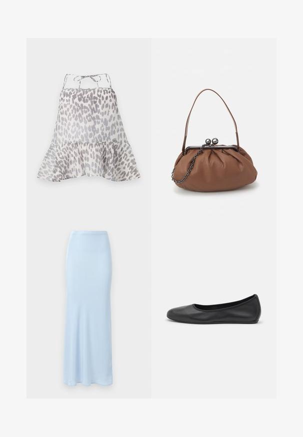 Ærmeløs, let top i let stof med grå leopardprint. Volangkant og justerbare snore i ryggen.; Lyseblå, gulvlængde satin nederdel med en tætsiddende talje og en let flair i bunden på en hvid baggrund.; Sort læderballetsko med rund tå, glat tekstur, minimal syning og et fleksibelt såldesign.; Brun læderhåndtaske med en samlet design, en kort læderhank og en kædestrop. Har en sølvmetalspænde med to runde pynt.