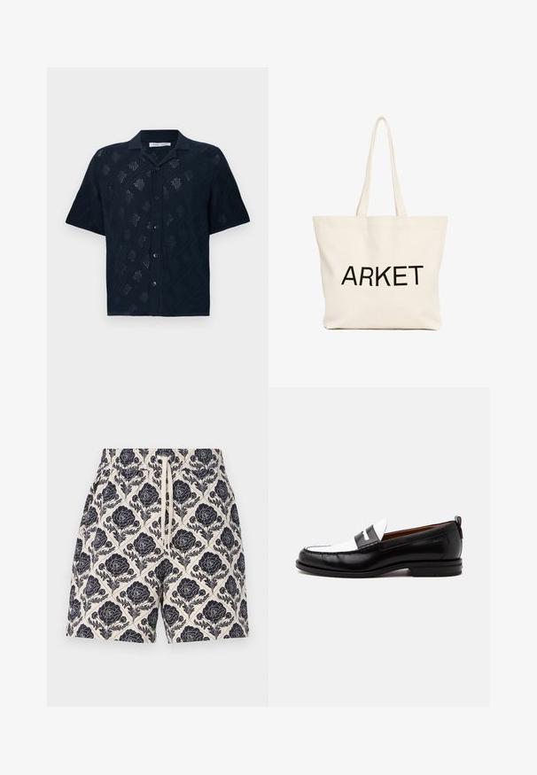 Camisa negra de manga corta con botones, con patrón de rombos de punto abierto y cuello clásico, mostrada sobre fondo blanco.; Pantalones cortos impresos en crema con un diseño floral en azul marino, que cuentan con una cinturilla elástica y cordón, hechos de tela ligera.; Mocasín de cuero blanco y negro con detalles cosidos, tacón bajo y diseño tipo slip-on, mostrado de lado sobre un fondo liso.; Bolsa tote de lona beige con asas largas y texto negro "ARKET" impreso en el frente.