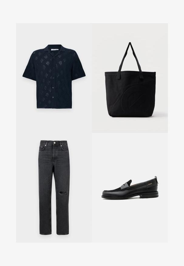 Zwart kort mouw knoopoverhemd met opengewerkt ruitpatroon en een klassieke kraag, getoond op een witte achtergrond.; Zwarte denim jeans met een rechte pijp, voorzien van een gescheurde knie, vijf zakken en metalen hardware bij de taille en zakken.; Zwarte leren loafer met grijs riemdetailelement, lage hak en gestructureerde zool, aan de zijkant gebrandmerkt met "HUGO" in goud.; Zwarte canvas tas met twee schouderbanden en een subtiel, ingebosseleerd cirkelvormig ontwerp aan de voorkant.